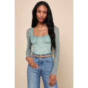 Lulus Major Aesthetic Sage Green Floral Mesh Bodysuit - Size M